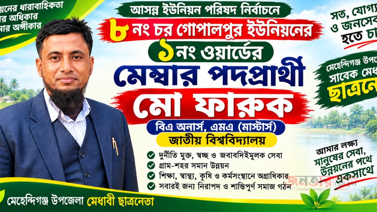  ---  মেহেন্দিগঞ্জে : আসন্ন ইউনিয়ন পরিষদ নির্বাচনকে সামনে রেখে বরিশালের মেহেন্দিগঞ্জ উপজেলার ৮ নং চর গোপালপুর ইউনিয়নের ১ নং ওয়ার্ডে বইছে নির্বাচনী হাওয়া। উক্ত ওয়ার্ডে মেম্বার পদে প্রতিদ্বন্দ্বিতা করবেন সাবেক মেধাবী ছাত্রনেতা মোঃ ফারুক।  