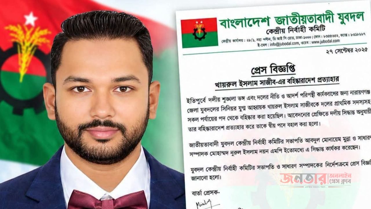নারায়ণগঞ্জ জেলা যুবদলের যুগ্ন আহবায়ক খাইরুল ইসলাম সজিবের বহিষ্কারাদেশ প্রত্যাহার 